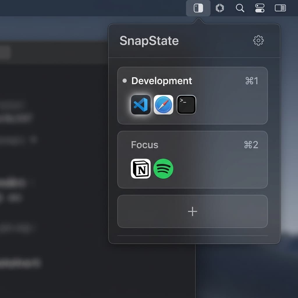 SnapState workspace menu showing named Mac setups